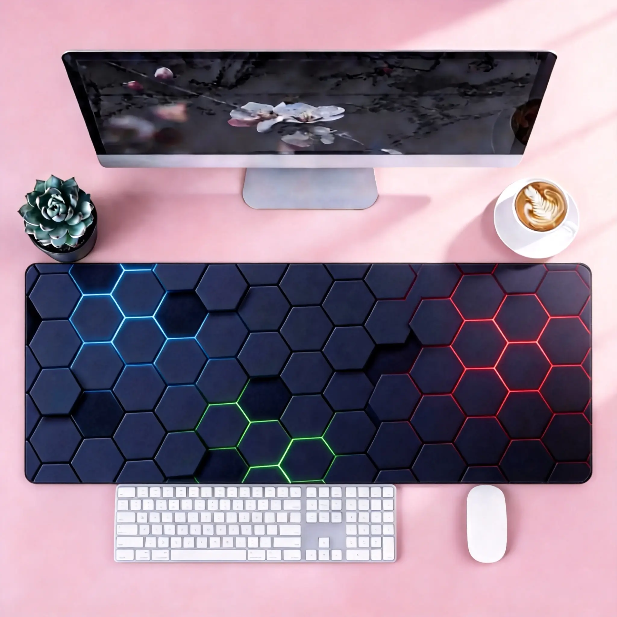Mouse Pad - Cyber Hex Grid Extended Abstract Geometric Desk Mat, Stitched Edges & Non-Slip Base for Office & Gaming tiktokshopspringglowup Non Slip Mousepad