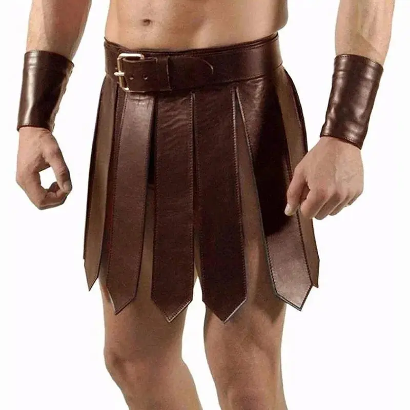 Men's Medieval Greek-Style Cosplay Clothes - PU Leather Armor Dress, Ancient Roman Belt Skirt, Polyester Fabric for DIY Cosplay Events, Menswear