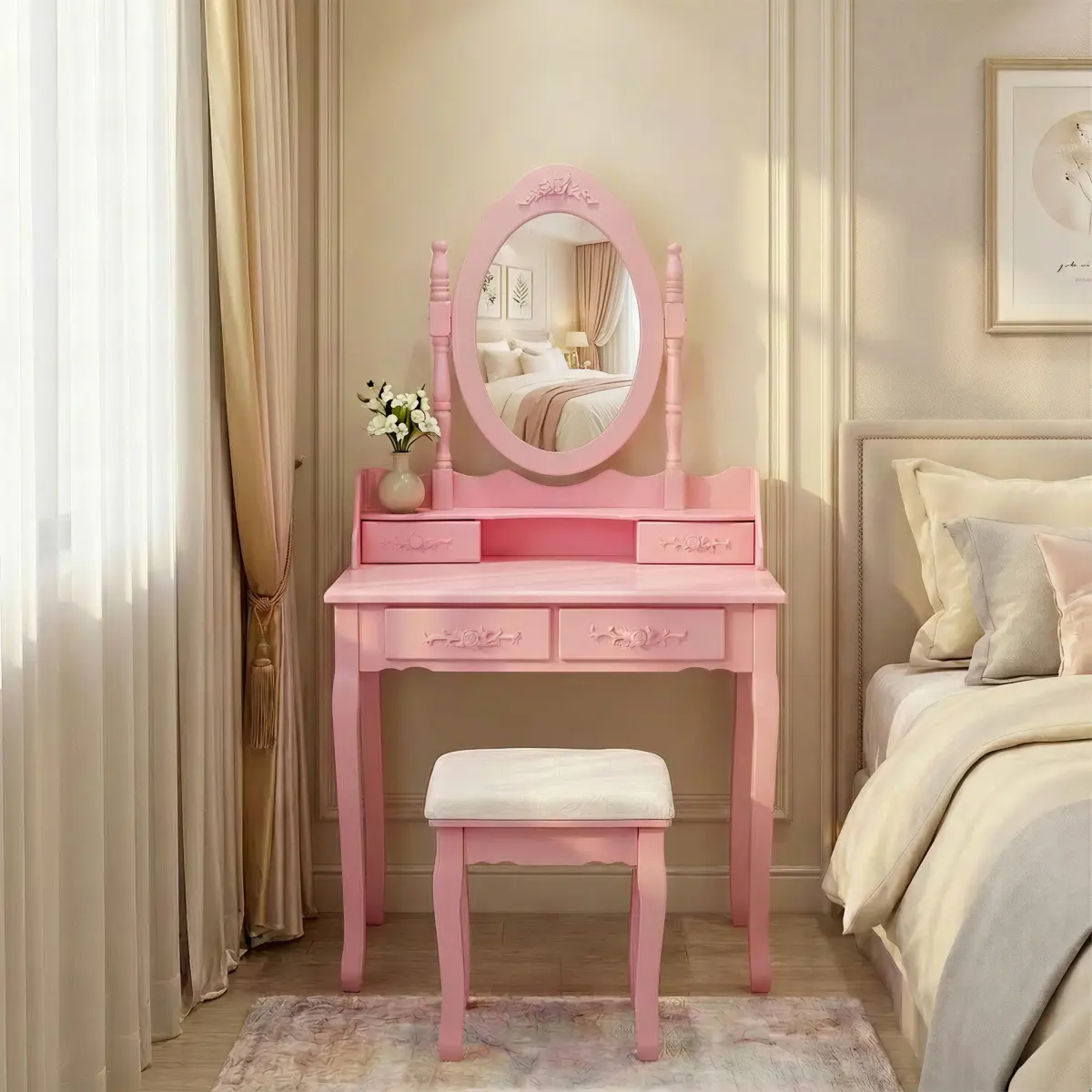 [Bellemave]Pink Princess Vanity Desk Set with Mirror & Cushioned Stool, 4-Drawer Wooden Makeup Vanity Table for Girls' Bedroom, Dressing Table with Ample Storage