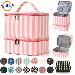 Double Layer Nail Polish Organizer Bag Valentine's Day Gift Quilted Portable Cosmetic Pouch Water-Resistant Lightweight Travel Case for Manicure Tools Nylon Matte Makeup Storage Smooth Jewelry Box Fits Nail Lamp Girlfriend Present Minimalist Cover