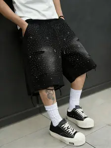 Unisex Washed Starry Rhinestone Distressed Look Drawstring Loose Fit Casual Shorts | Y2K Dark Aesthetic High Street American Streetwear