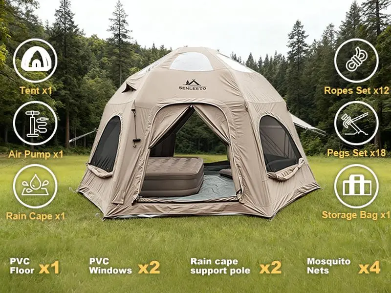 SENLEETO Bell Shape Safari Tent - Family Size Outdoor Camping Supplies, 6-8P Cotton Fabric All-Weather Shelter (174 sq ft) with Stove Jack, Mesh Vents & Family-Fit Design for Camping
