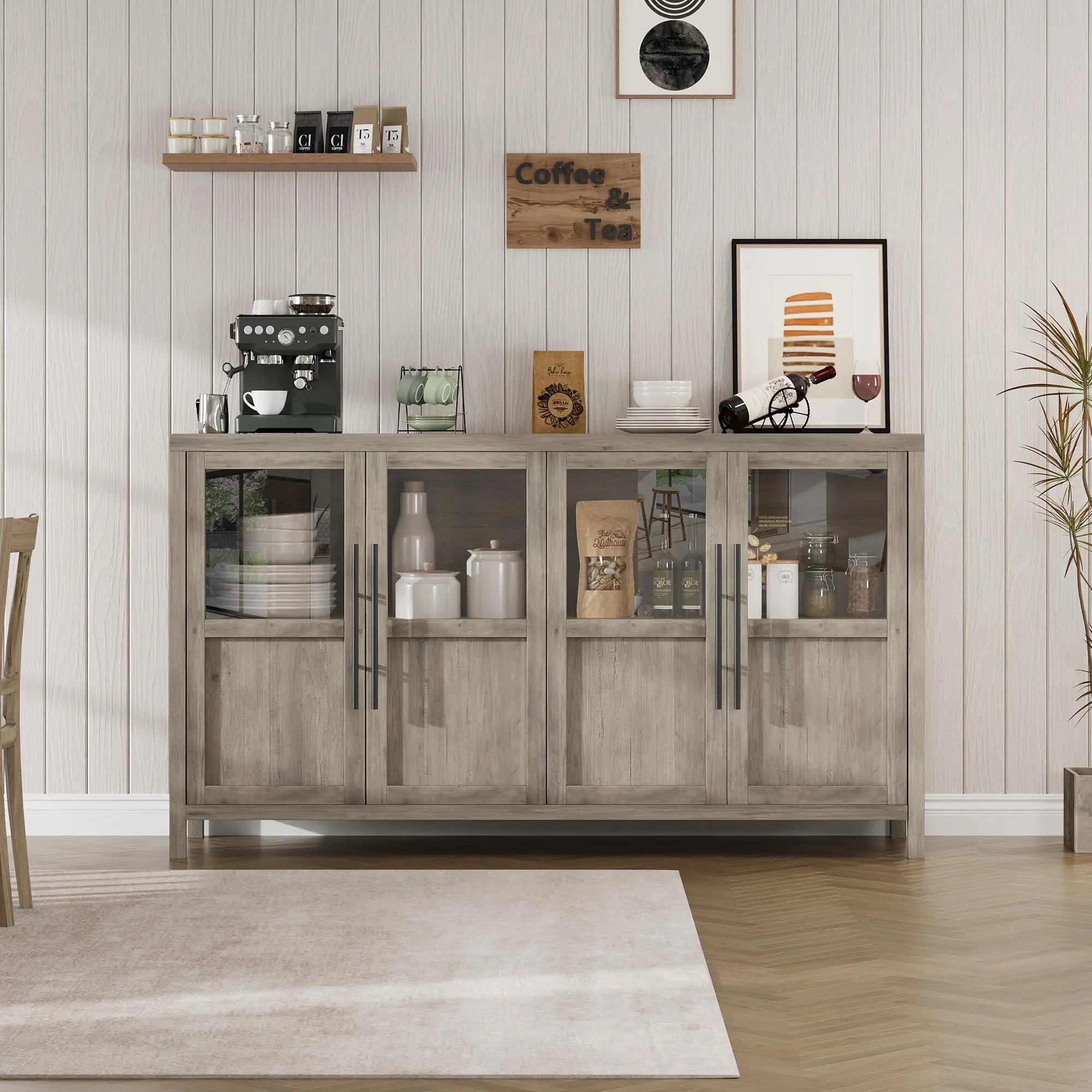 Grey Farmhouse Corner Buffet Storage Cabinet - 55 in Sideboard with 4 Glass Doors, Coffee Bar Wine Display Cabinet for Kitchen, Dining Room, Farmhouse Corner Cabinet