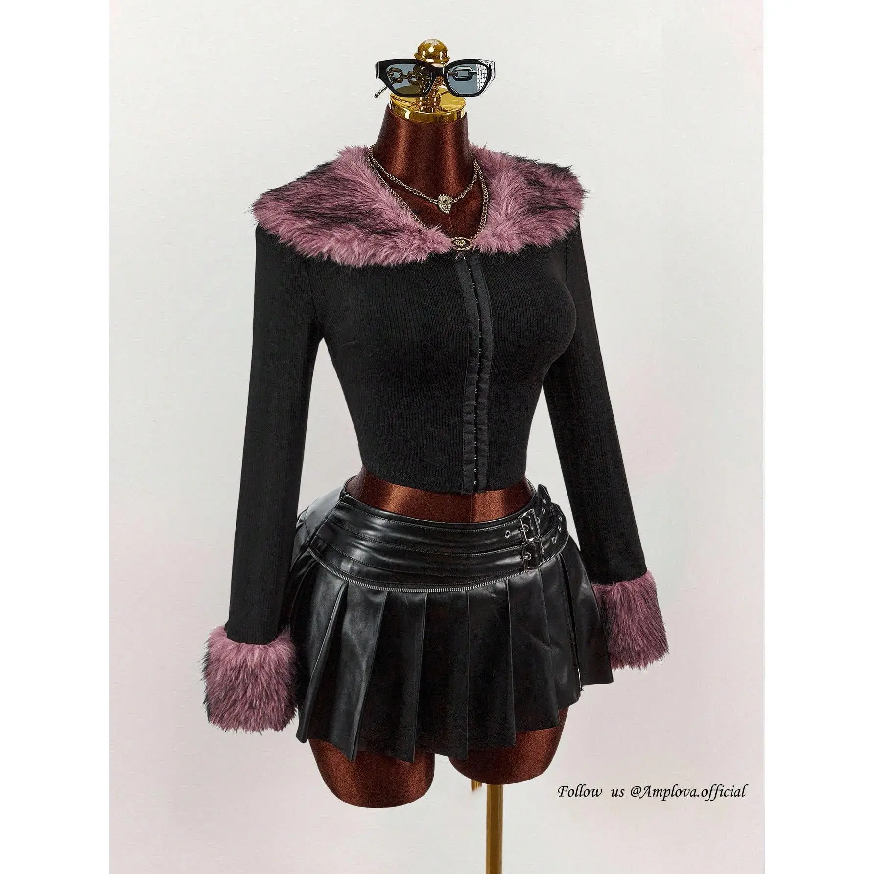 Women's Y2K Fashion Fur Collar Splicing Block Faux Fur Patchwork Short Jacket Goth Clothes Crop Jacket Autumn Winter Clothes