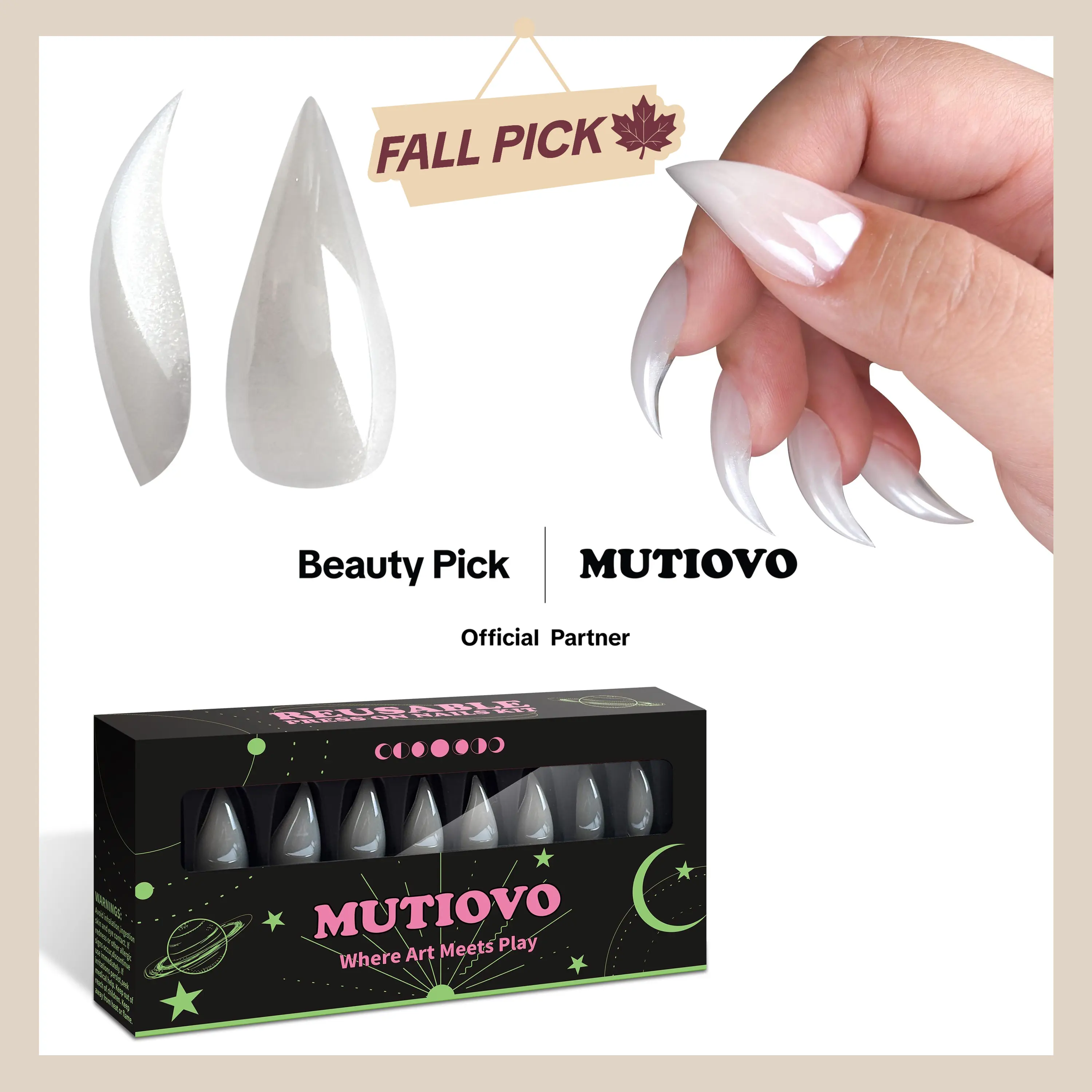 MUTIOVO Reusable Press on Nails Cat Claw Short Curved Stiletto - Aurora Hailey Shade 3D Fake Nails with Built-in Apex, 16 Sizes, Jelly Adhesive Tabs & Nail File for Halloween Cosplay(No Liquid Glue)
