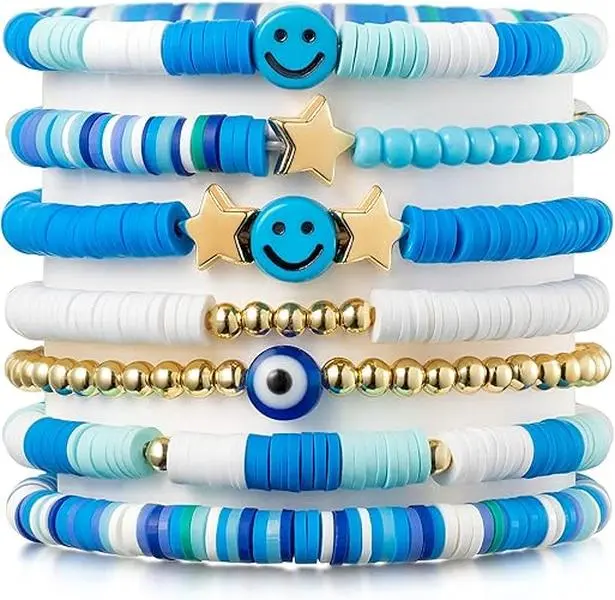 blue bracelet, blue friendship bracelet,Preppy Bracelets Set Colorful White Gold Smile Heart Star Polymer Beaded Pearl Clay Stackable  Y2K Kidcore, Eye, Casual, Soft Clay, Perimeter 6.2"