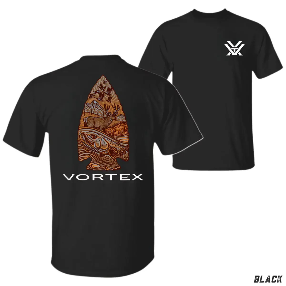 Vortex Arrowhead Men's Stylish Classic Basic Short Sleeve Navy Wildlife T-Shirt - Day Outdoor Top with Detailed Arrowhead Graphic (Trout, Deer, Ducks, Mountains) for Hunters, Rustic Apparel Fans, Shortsleeve