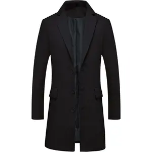 Men's Classic Single-Breasted Mid-Long Wool Blend Black Trench Coat - Chic Menswear, Plain Longsleeves Jacket for Wedding, Party
