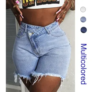 Casual Women's Fashion Denim Shorts Summer High Waisted Dressy Irregular Botton Short Flare Jeans Pants Blue Bottom Womenswear Streetwear Basic Minimalist