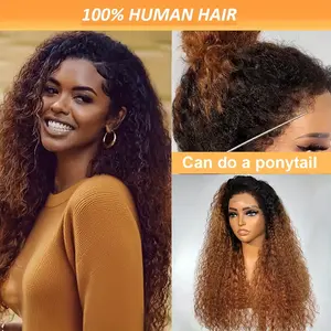 Ombre Honey Blonde Kinky Curly Wig 100% Brazilian Human Hair Pre Plucked Edges 13x4 Transparent Lace Front 180 Density Deep Wave Style Adjustable Fit Natural Look With Baby Hair Everyday Style Wig Ponytail