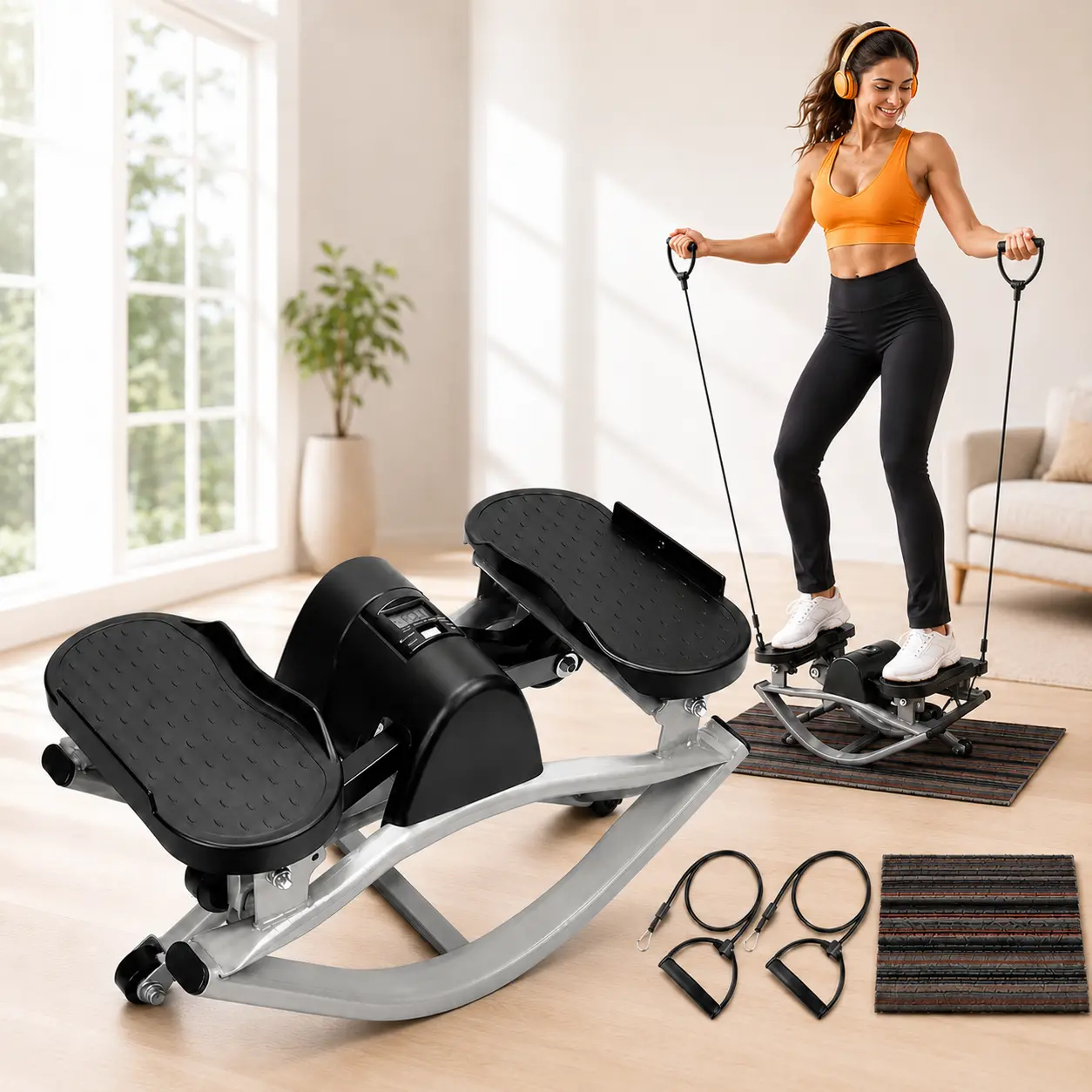 Unisex Lateral Rocking Stepper Machine for Home Gym - Multifunctional Resistance-Based Step Platform Stepper with Digital Monitor, Resistance Bands, Quiet Low-Impact 250LBS Capacity Full Body Workout Equipment, Resistance-Based Steppers