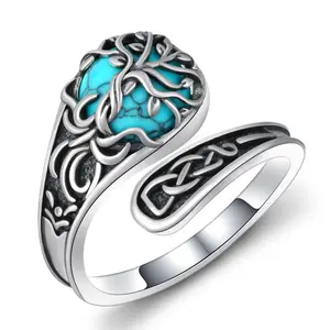 S925 Synthetic Turquoise Celtic Open Ring with Tree of Life Design, Vintage Nature & Growth Symbolism Adjustable Ring Jewelry, Unisex Gift for Nature Lovers, Spiritual Healing Amulet for Wiccan&Pagan, for Daily Wear