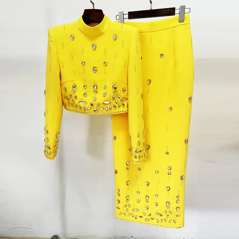 Fashion New Heavy Industry Beads Diamond Inlaid Short Top Long Skirt Suit See size chart under “more details”