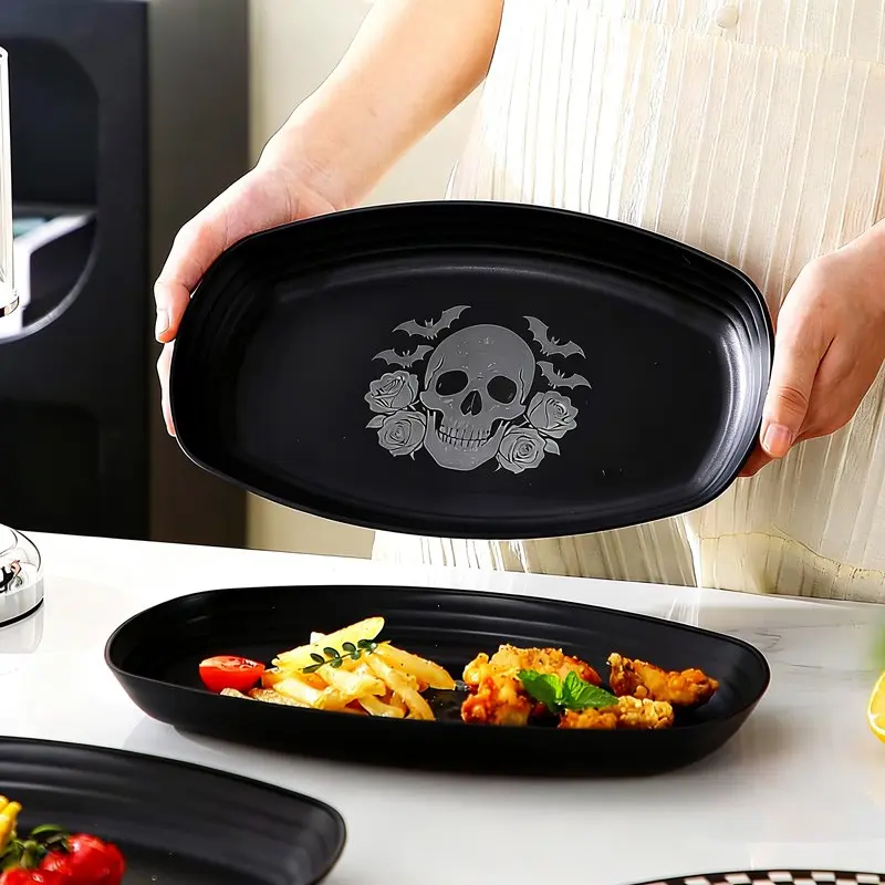 4pcs Skull and Rose Design Fancy Plastic Plates, Decorative Plates, Reusable, Dishwasher & Microwave Safe, Ideal for Halloween, Christmas, Thanksgiving, Food Serving, Party Plates