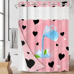 1pc hookless shower curtain with buckle lining, pink base, black and red heart-shaped kettle design, 2D flat printing, fabric waterproof lining, see-through double-layer shower curtain, 71 x 74 inches, modern home draping curtain.