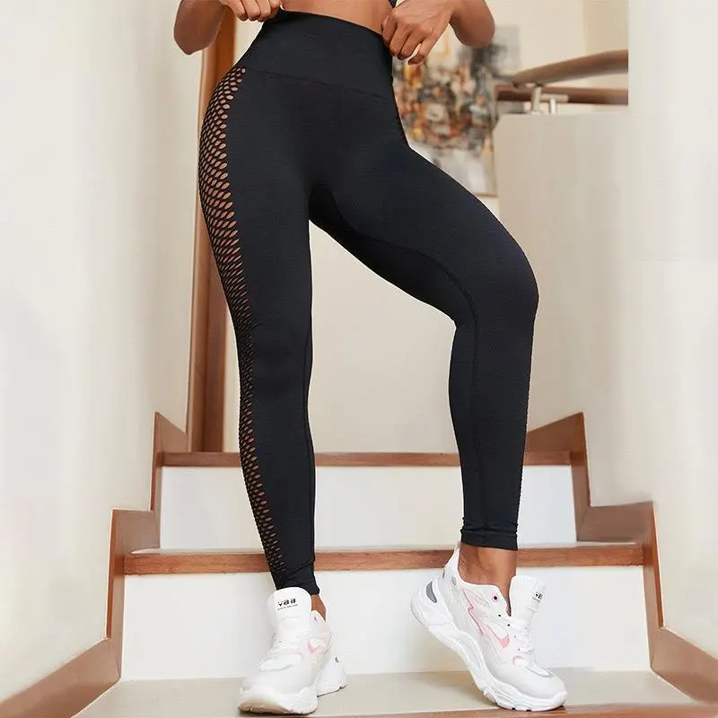 Women's High-Waist Fishnet Sports Leggings - Breathable, Moisture-Wicking, High-Stretch Activewear Bottoms for Yoga, Gym, All-Season Casual Use, Breathable Activewear Bottoms
