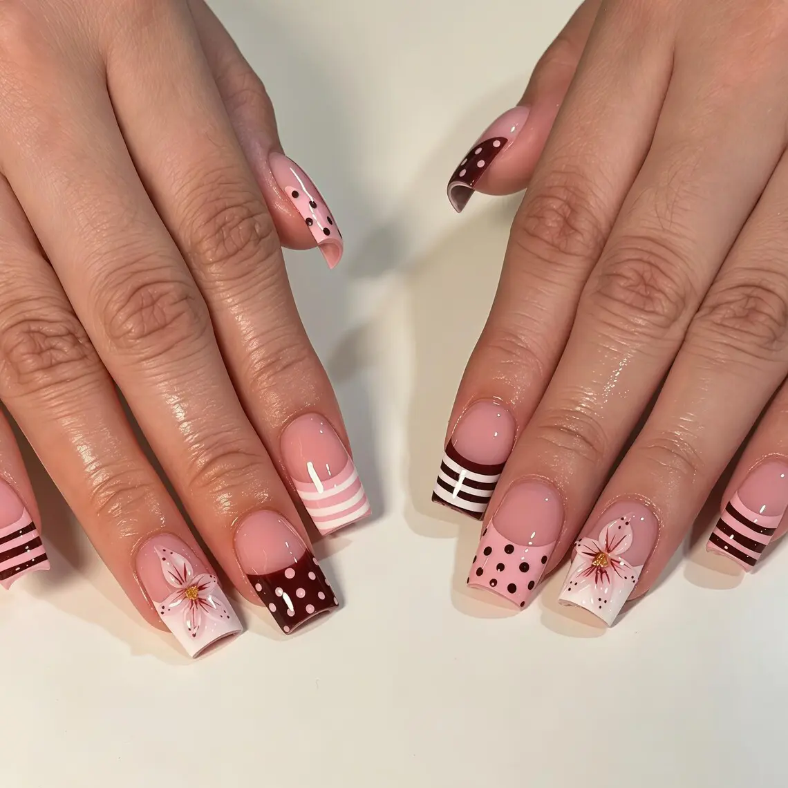 Burgundy Polka Dot Striped Press on Nails, Hand Drawn Pink Floral Nude Long Taper Square Fake Nails, Glossy Reusable Glue On Nails