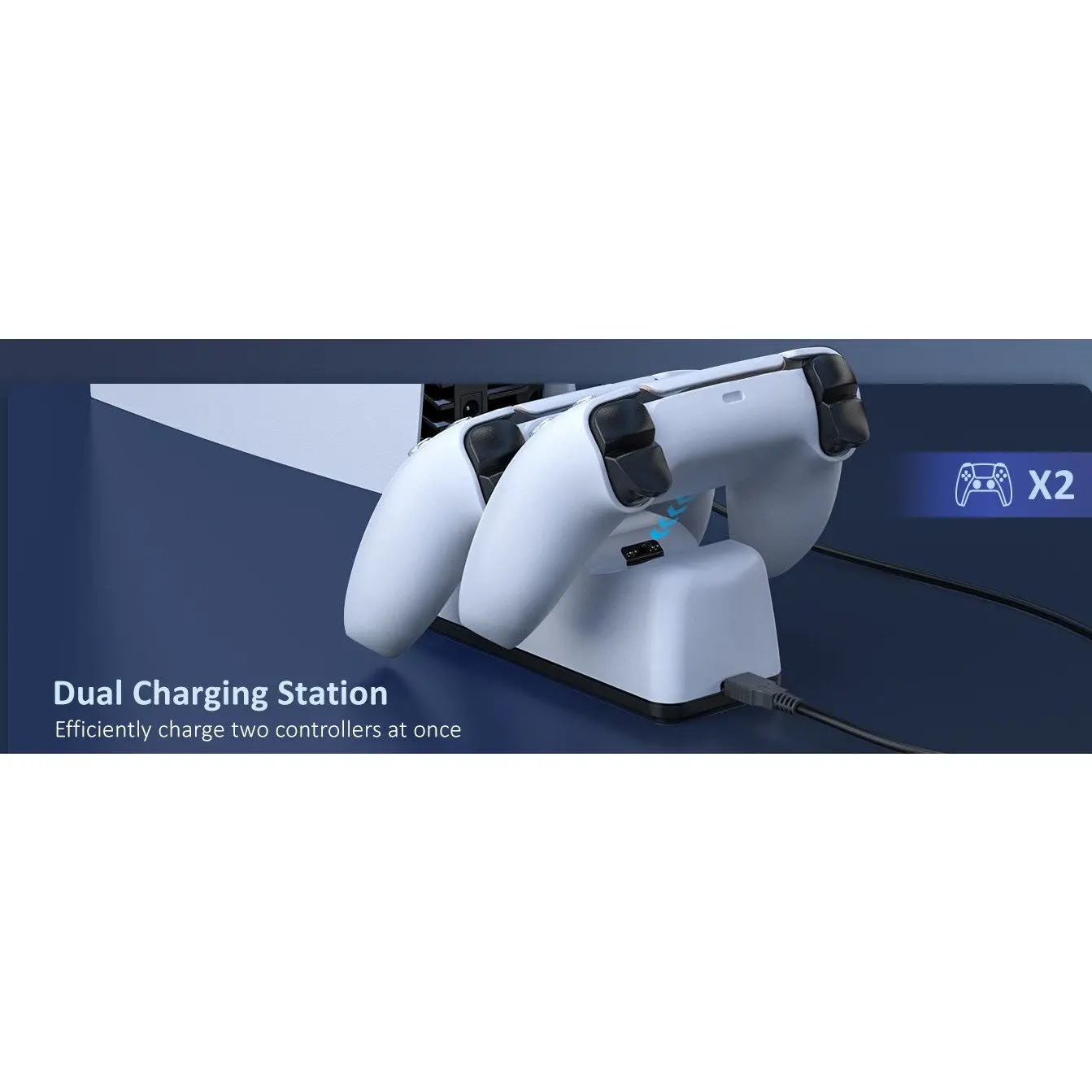NexiGo Plastic Dual-Port Fast-Charging Station Dock for PS5 DualSense Wireless Gaming Controllers, White Rechargeable Console Accessory with Built-in LED Light, USB Cable, Protection, Over-Charge Prevention, Plug-and-Play