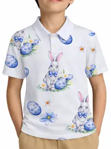 Easter Kids Polo Shirt T-Shirt, Rabbit Egg Print Short Sleeve, Fashionable Casual Wear for Boys & Girls, All Seasons