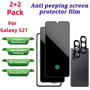 【 2+2 PCS 】 Privacy screen protector, suitable for Samsung Galaxy S21 smartphone, 2 screen protectors and 2 lens protectors, 9H hardness，wear-resistant， impact resistant，protection phone，support fingerprint unlocking  Protective Cellphone
