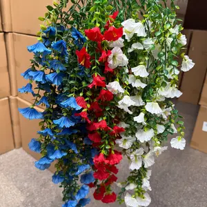 8pcs Tri-Color Patriotic Flower Artificial Hanging Flowers, Hanging Floral Decor, Artificial Flower Decorations, Patriotic Flower Wreath, July 4th Decoration Artificial Flower Plants, Morning Glory Fake Artificial Plant Imitation Flowers for Home