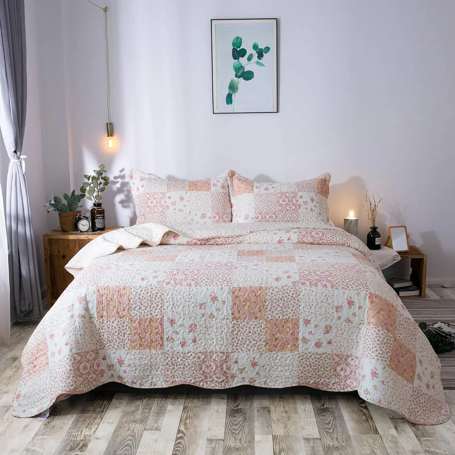 Kasentex Boho Vintage Reversible Pink Patchwork Floral Quilt Bedding Set - Breathable, Soft, Lightweight All-Season, Machine Washable, Multi-Size (Twin/Queen/King) Bed Comforter Set, Bedding Sets