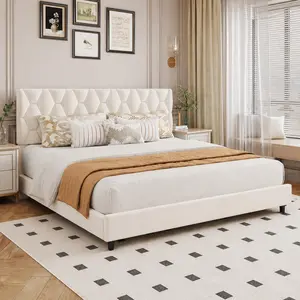 SA-Garvee King Size Bed Frame, Heavy-Duty Platform Bed Frame with Upholstered Button Tufted Platform Headboard, Strong Wood Slats, No Box Spring Needed/Noise Free/Easy Assembly, Beige