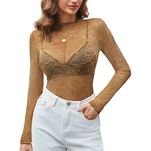 Grace Karin Women See-Through Party Tops Long Sleeve Half-High Neck Night Club Tops