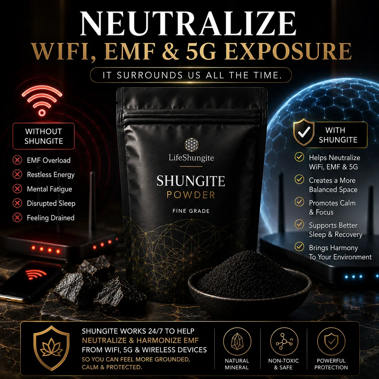 LifeShungite Powder Fine Grade Natural Grounding EMF 5G Protection Available in Three sizes,mmm 8oz 1lb and 2lb Bags