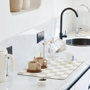 Checkered Dish Drying Mat for Kitchen Counter, Coffee Bar, Coffee Station Accessories, Retro Aesthetic Cute Absorbent Coffee Mat Kitchen Drying Mat Easy Clean, 12" x 19"