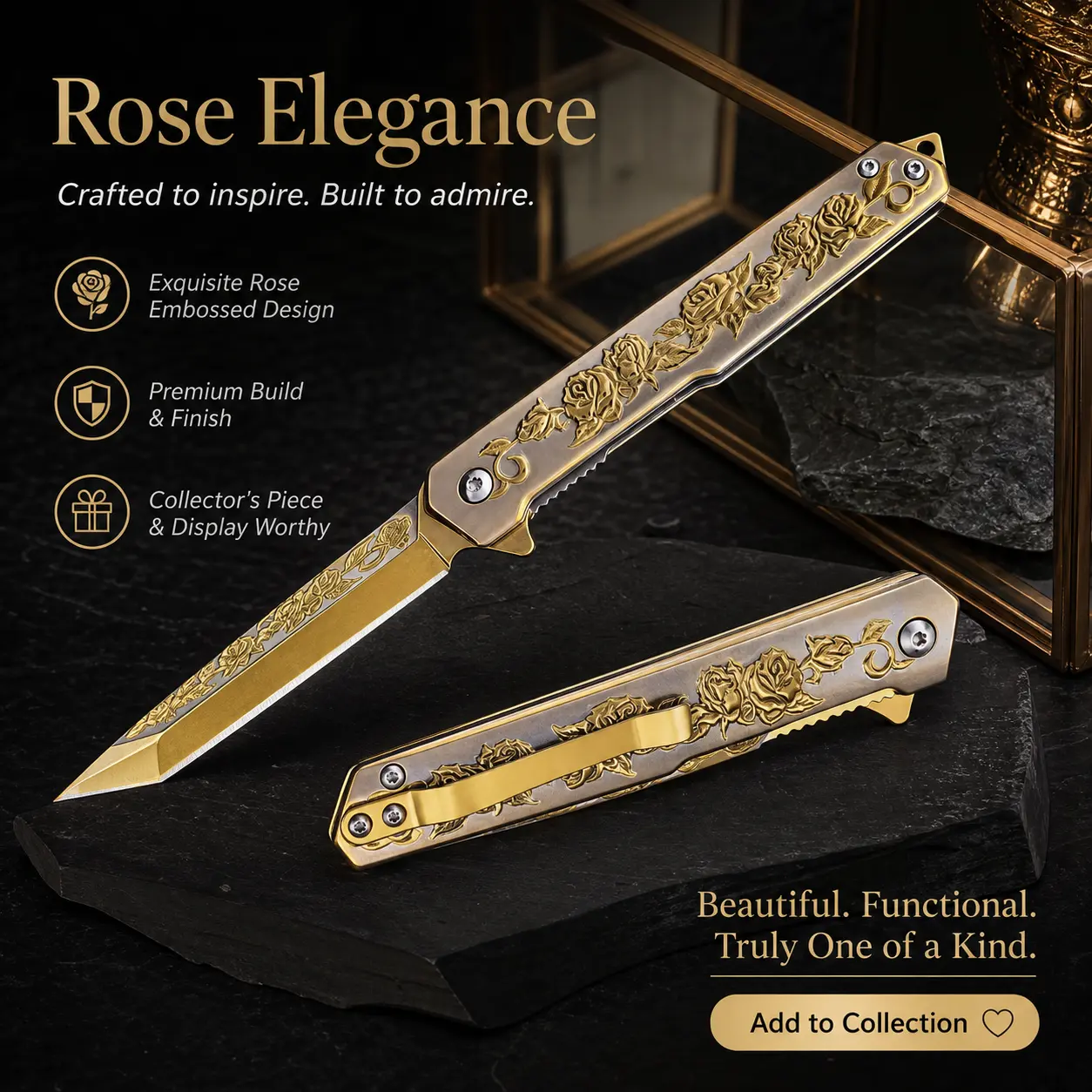 gold silver rose engraved folding knife, gold floral pocket knife, carved rose EDC knife lightweight engraved folding knife, 40 degree blade pocket knife gold embossed rose folding knife, pocket clip carry utility knife