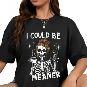 Cotton Unisex I Could Be Meaner Funny Skeleton T-Shirt Vintage Graphic Printed Tee Round Neck Short Sleeves Casual Everyday WearUnisex T-shirts M-5XL