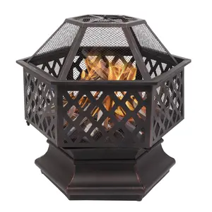 22-Inch Hexagonal Iron Brazier, Wood-Burning Fire Pit Decoration, For Campfire Patio Backyard Garden Picnic Outdoor Wood-Burning Fireplace, Spark Screen