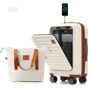 Expandable 2-Piece Luggage Set Front Flip 20 Inch Carry-On Suitcase with Handbag Travel Bag Set with USB Port and Cup Holder Ivory Brown