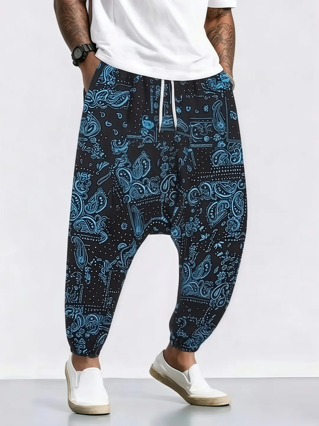 Men's Bandana All Over Print Harem Pants - Casual Loose Fit Polyester Baggy Woven Streetwear Joggers with Adjustable Drawstring Waist, Elastic Ankle, Ankle Length