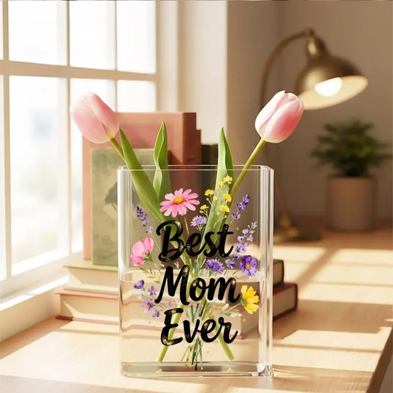 1pc Transparent Decorative Flower Vase, "Best Mom Ever" Floral Design, Acrylic Material, Home & Festival Decoration, Ideal for Desk Display, Cheerful & Celebratory, Adds Affectionate Touch, Clear Acrylic Vase