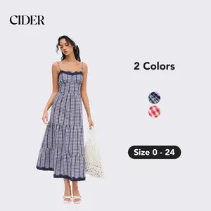 Cider Cotton-blend Gingham Lace Trim Tiered Shirred Maxi Dress, Lady Sleeveless Spaghetti Strap A-Line Maxi Dress for Daily Casual Wear and Street Wear, Gingham Design Summer Dress for Vacation and Party