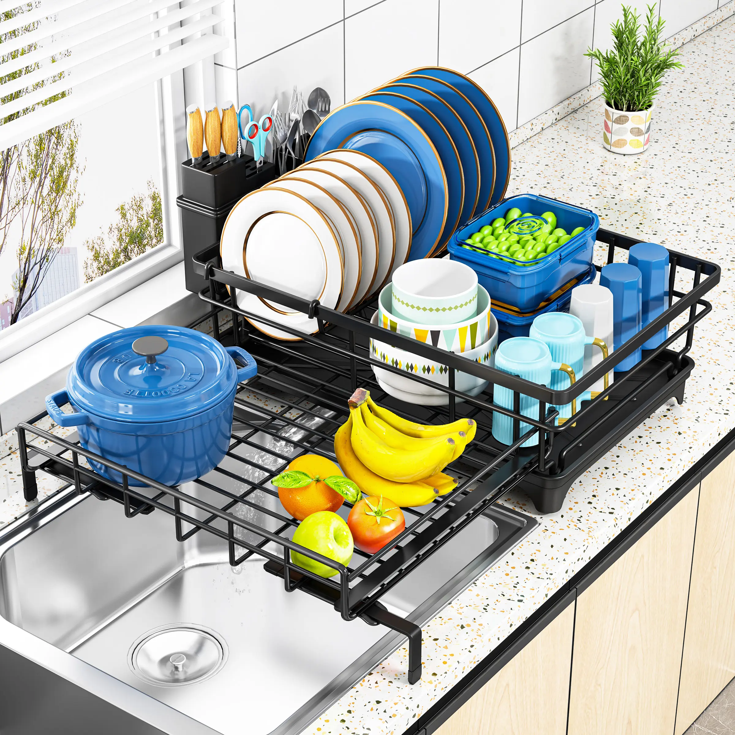 7CODE Stainless Steel Over-the-Sink Dish Drying Rack with Pull-Out Drain Board, Large-Capacity Multifunctional Countertop Organizer with Side Knife & Chopstick Holder for Dishes, Cups, Knives