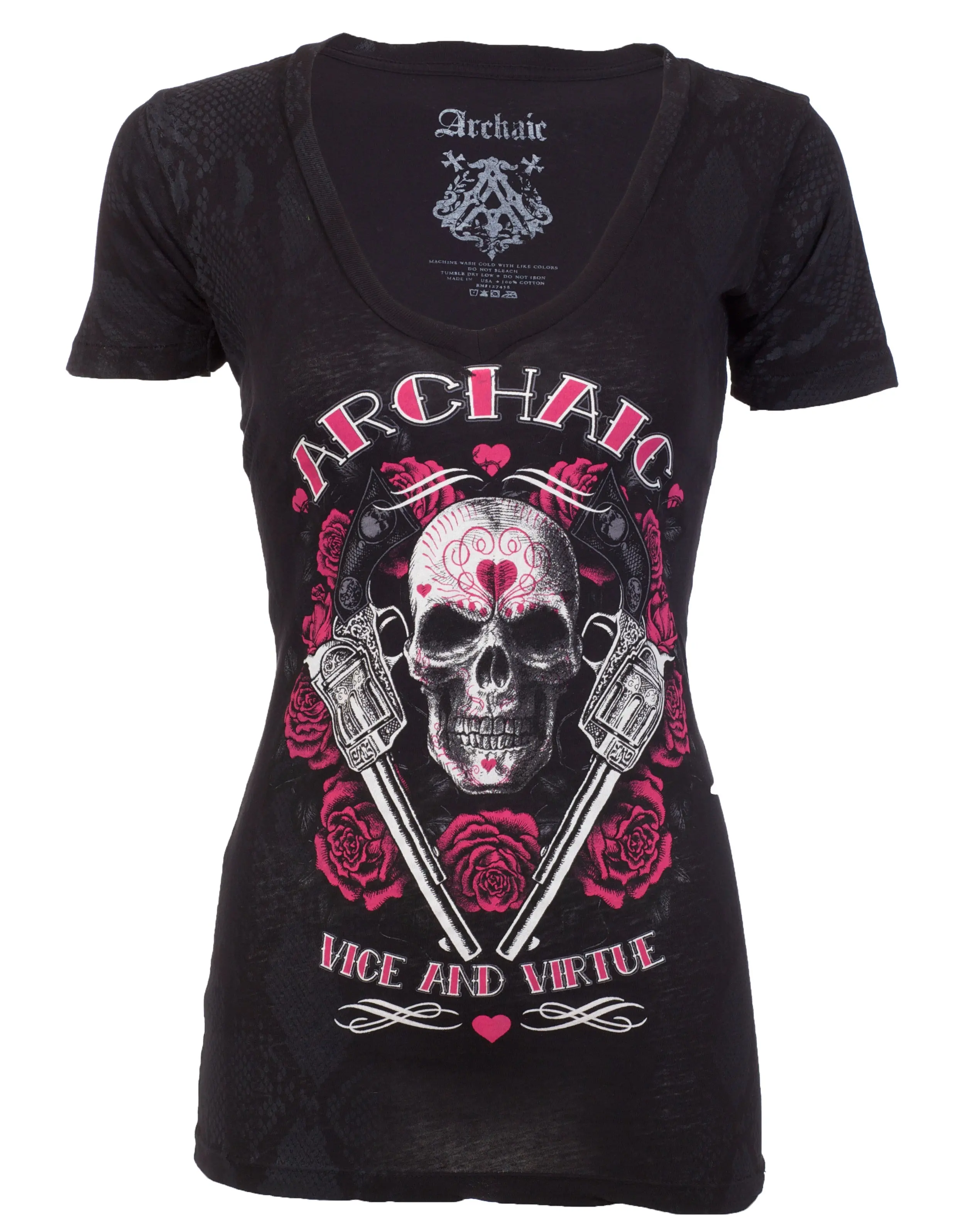 ARCHAIC Women's Queen Lover Graphic Print V-Neck 100% Cotton T-Shirt - Dark Aesthetic Gothic Biker Top, Made in USA, Front/Back Printed, Refer to Sizing Chart, M, Printed Front/Back, Fashion