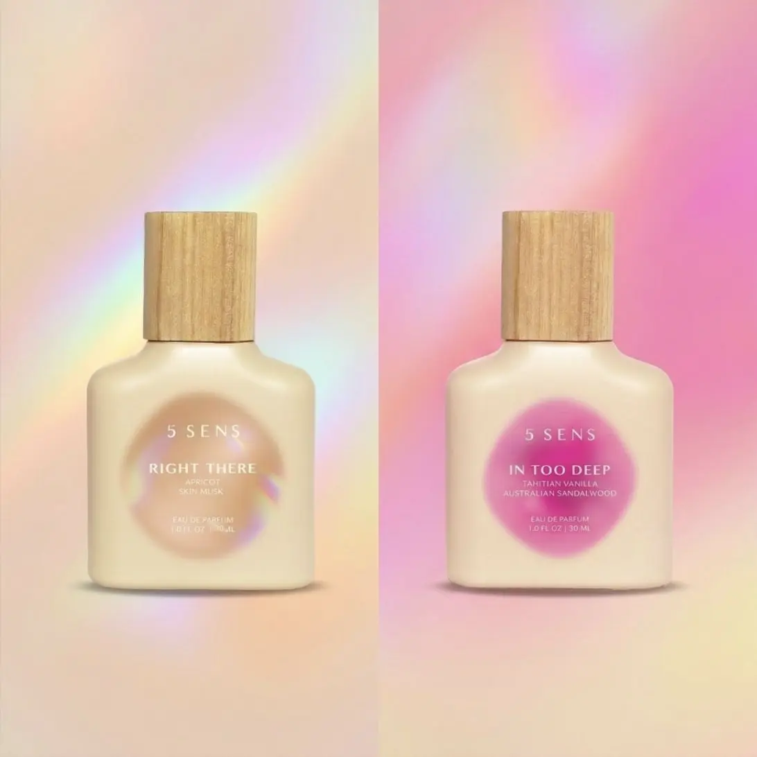 5 SENS Right There + In Too Deep Perfume Duo | The Calm One and the Cozy One, Full Size | 2 x 30mL Eau de Parfum | Apricot, Peony, Freesia, Amber Woods, Skin Musk, Tahitian Vanilla, Sandalwood | Long-Lasting Clean Vegan Fragrance