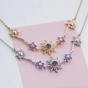 Enchanting Purple Sunflower & Flower CZ Necklace for Women, Copper Plated with Real Gold, Fresh Sweet Princess Style, Minimalist Luxury High-End Clavicle Chain