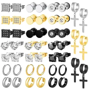 24 Pairs Stainless Steel Earrings for Men Hypoallergenic Inlaid Cubic Zirconia Studs Hoop Earring Cross Dangle Earrings Unisex Punk Stud Earring for Women Men Fake