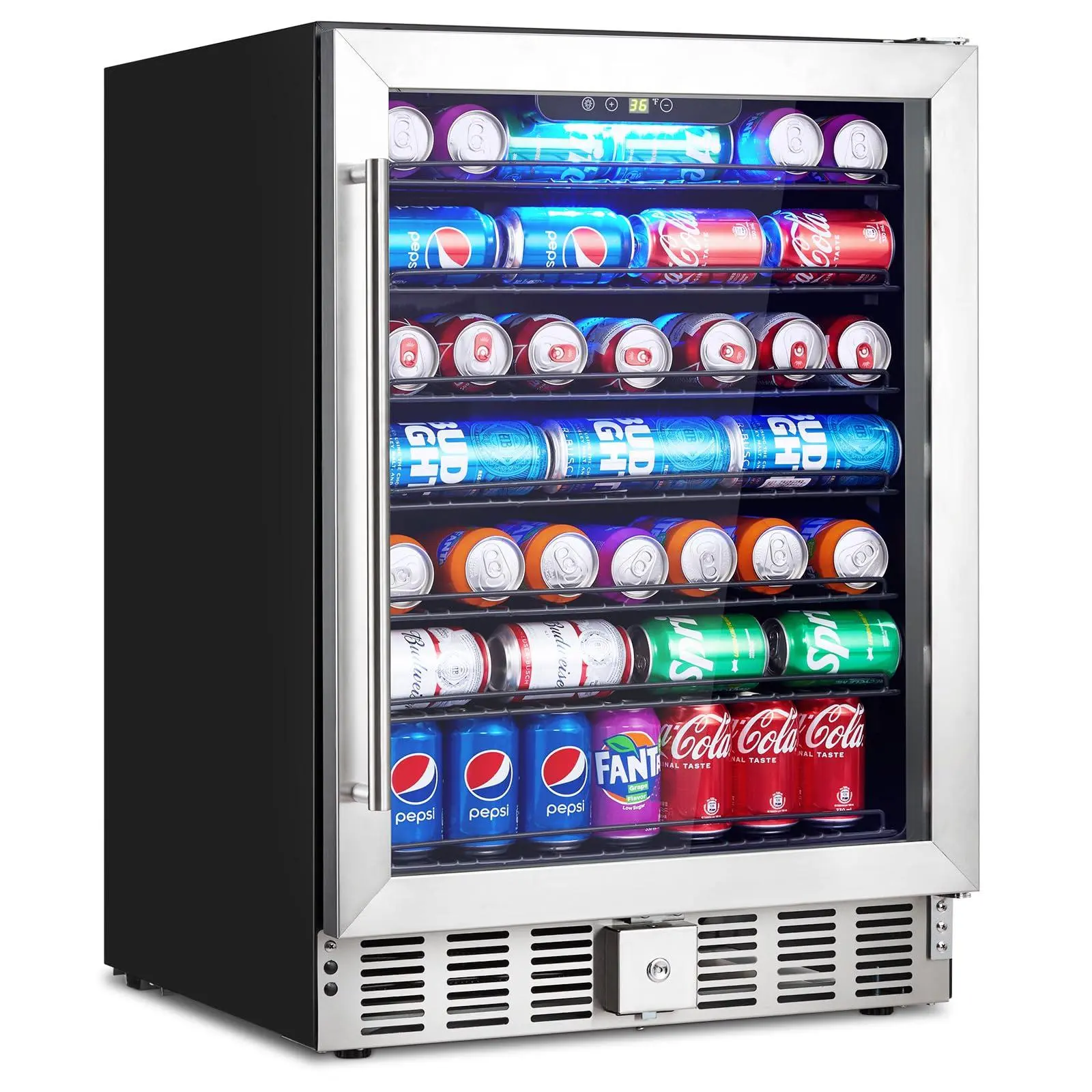 24-inch Beverage Refrigerator, 166 Can Beverage Fridge Built-in Glass Door, and Freestanding Beverage Cooler Digital Temperature Control 36°-60°F Soda Beer Fridge for Kitchen, Bar, or Office.