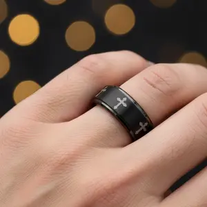 8mm Cross Ring, Black Tungsten Wedding Ring, Black Tungsten Ring with Laser Engrave Cross Design Wedding Band, Cristian Men's Ring, Father's Day Gift