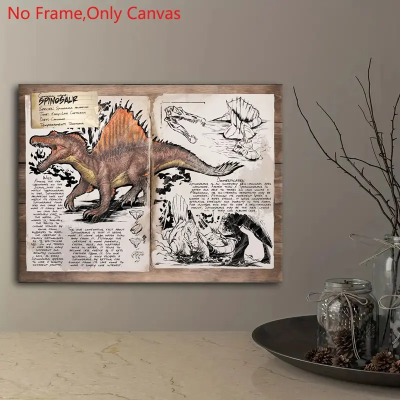 1 Piece/set Frameless Canvas Painting Print Poster, Unframed Home Wall Art, Classic Vintage Prints Dossier Concept Adventure Art, ARK: Survival Evolved Spinosaur, Perfect Gift for Video Game Lovers, Dorm Hallway, Mural, Wall Decoration, Room Decor