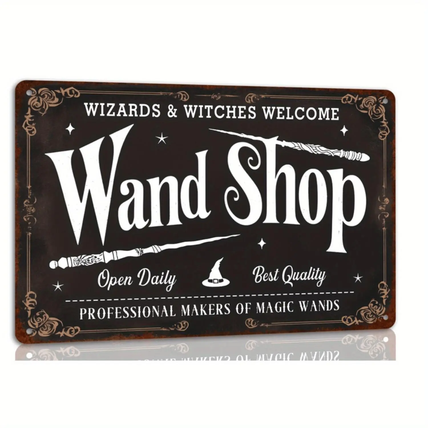 Vintage Halloween 8x12 in Decorative Metal Tin Sign - Wand Shop Wizards & Witches Welcome Wall Decor, Easy Install Fun Décor Upgrade for Farmhouse, Haunted House Parties, Office, One Size