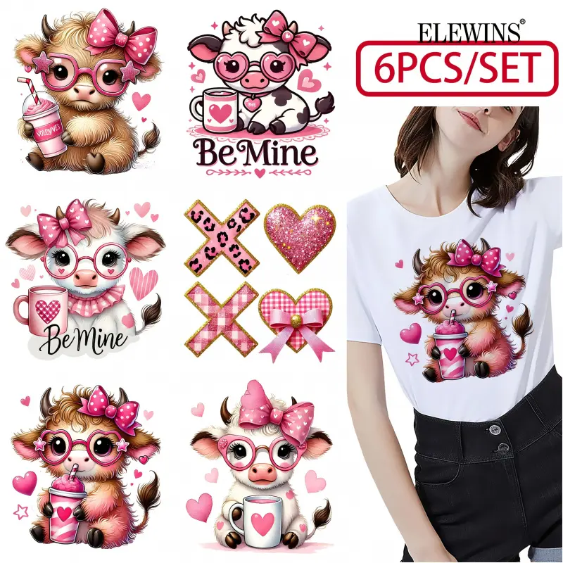 6 Pcs Valentine's Day Highland Cow Iron on Transfer Patches Heat Transfer Stickers for T-shirts Jeans Hats Bags Easy Peel and Apply Washable No Crack Fabric Decals for Festival DIY Crafts Costume DIY Material Diy Craft Decor Diy Craft Embellishments
