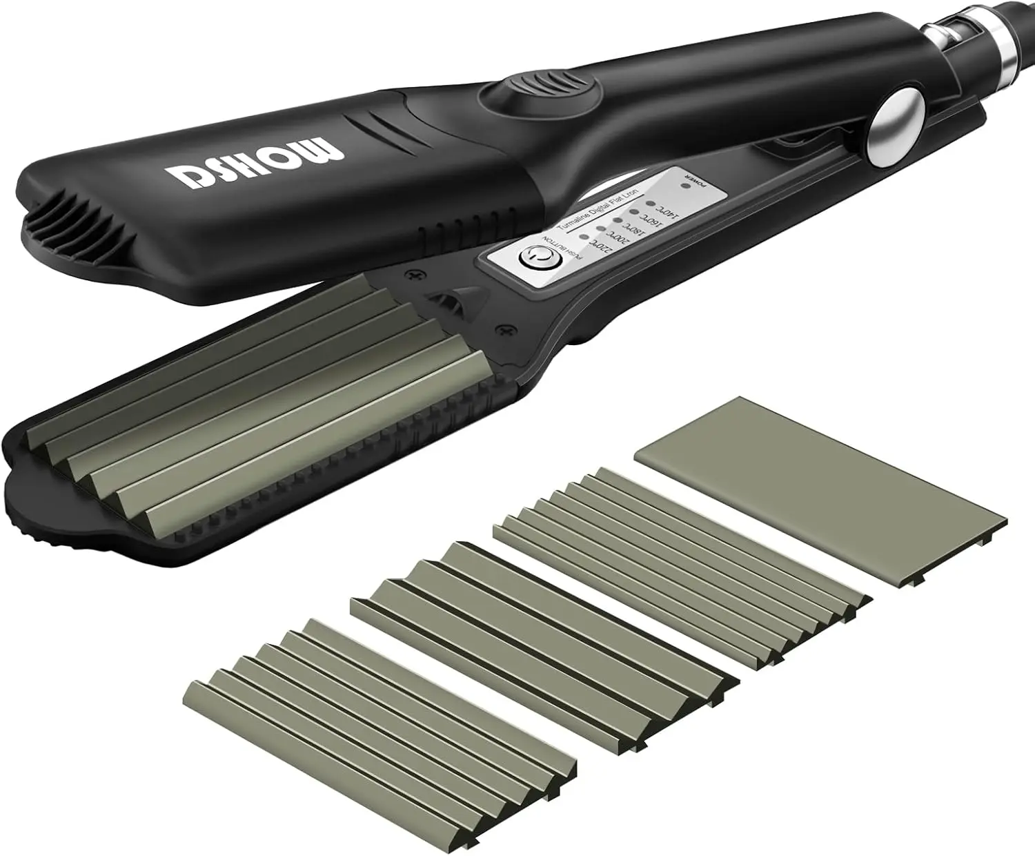 DSHOW 4-in-1 Hair Crimper for Women Crimping Iron with 8/6/4 Tooth & Flat Interchangeable Plates, Titanium Ceramic Coated Tool for Root Lift, 80s Zigzag Texture, 5 Heat 140-220 (284-428F)