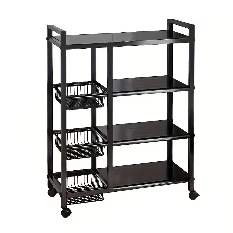 1 PC Movable 4-Tier Kitchen Storage Rack with 3 Wire Baskets, Metal Rolling Storage Shelf Organizer with Lockable Wheels, Adjustable Standing Rack for Kitchen, Pantry, Bathroom, Garage, Closet, Laundry Room & Home Organization