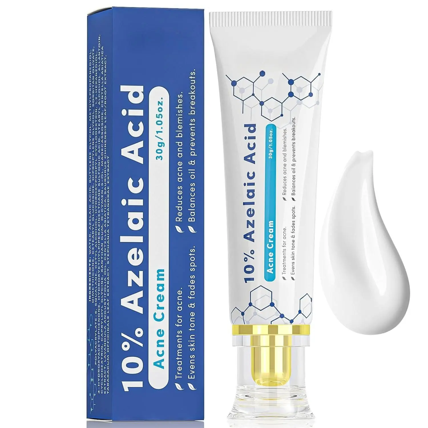10% Azelaic Acid Acne Treatment Cream - Facial Moisturizer for Scar Removal, Redness Relief, and Breakout Prevention, 1 oz, Therapeutic, Facial Cream